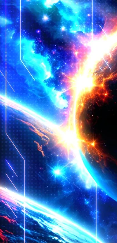 Vibrant space wallpaper with planets and explosion.