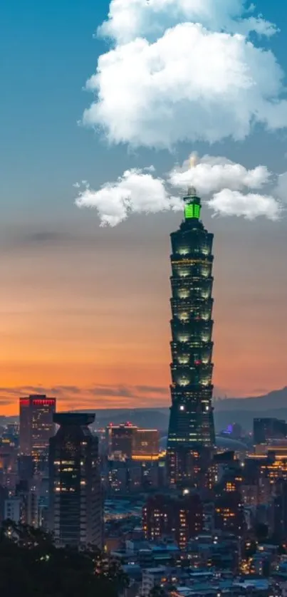 Taipei skyline with iconic tower and sunset backdrop.