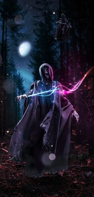 Ghostly figures in a mystical forest at night with colorful light streams.