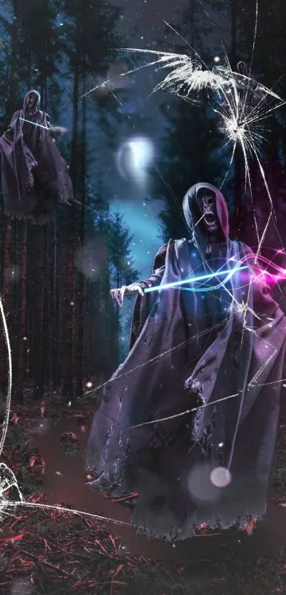 Hooded figures in a neon-lit forest scene with cracked glass effect.