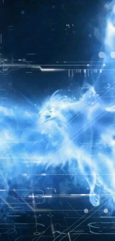 Ethereal phoenix made of blue flames, displayed against a dark background.