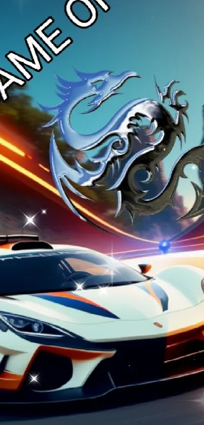 Dynamic racing car wallpaper with dragon emblem and 'Game On' text.