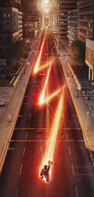 Hero racing through a city with a lightning trail.