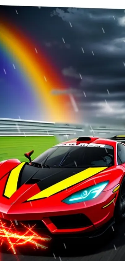 Red sports car racing under a rainbow in the rain.