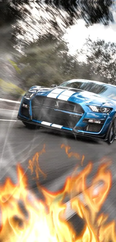 Blue sports car speeds on road with flames in foreground.