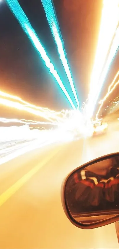 Car speeding with vibrant light trails at night.