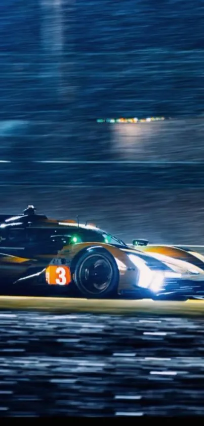 A sleek racing car speeds at night with lights glowing.