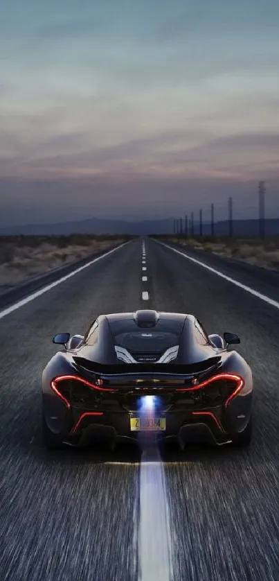 Sleek sports car on an open road at dusk, showcasing speed and adventure.
