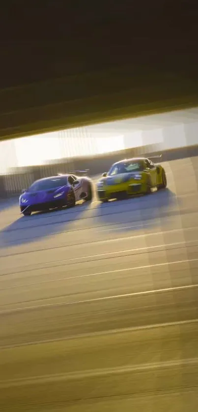 Two sports cars racing at sunset with a motion blur effect.