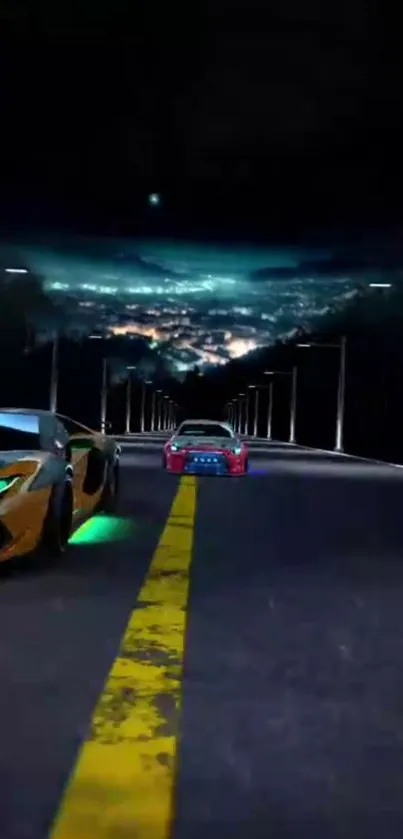 Racing cars speeding on a city highway at night with glowing lights