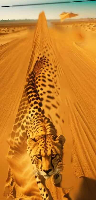 Cheetah sprinting through vast desert landscape