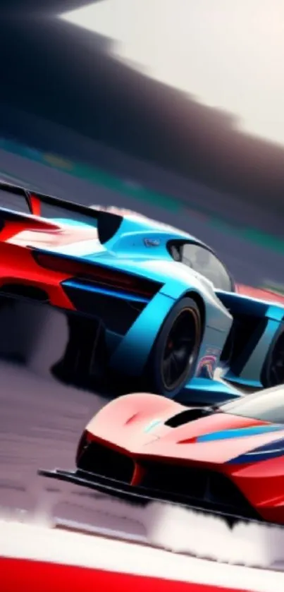 Dynamic race car wallpaper with two vibrant vehicles speeding on a track.