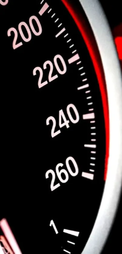 Close-up of a speedometer with red and black contrast.