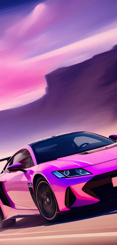 Dynamic pink sports car racing in desert scenery.