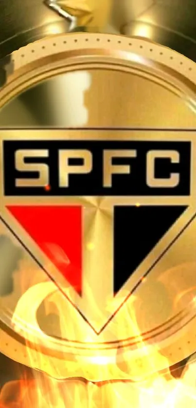 SPFC logo with mesmerizing golden flames background.