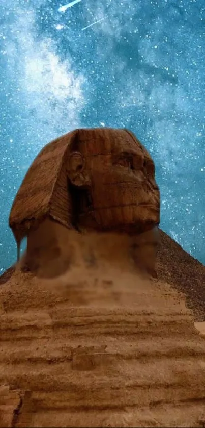 The Great Sphinx set against a starry, vibrant night sky in a mobile wallpaper.