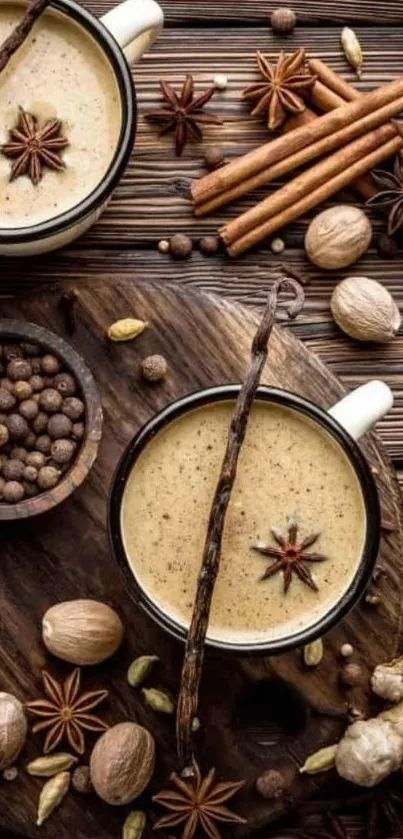 Cozy spiced latte with cinnamon and star anise on wooden background.