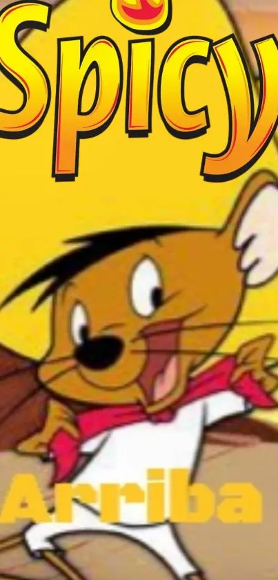 Cartoon character with yellow hat and spicy text in colorful design.