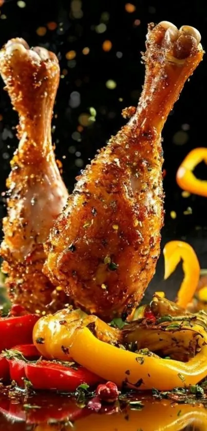 Spicy chicken drumsticks with vibrant peppers in the air.