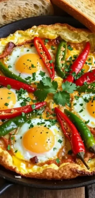 Spicy egg skillet with chili peppers and herbs.