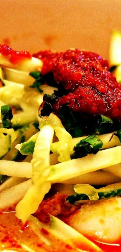 Close-up of spicy noodle dish with red sauce and greens.