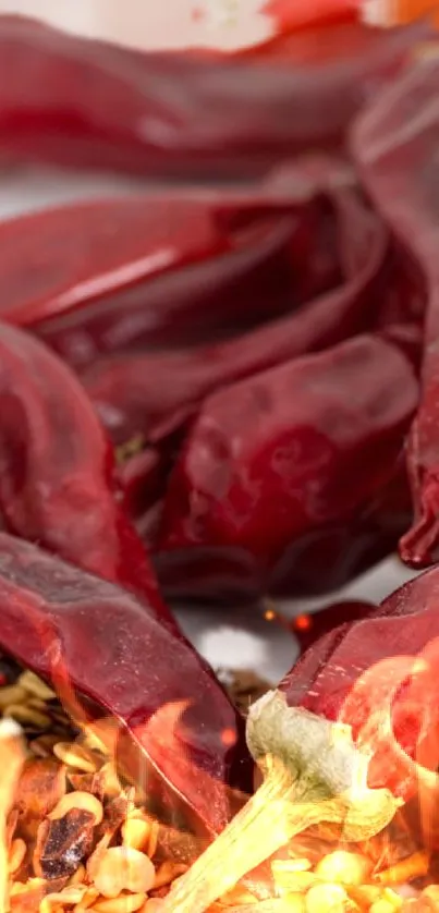 Fiery red chili peppers with flames enhancing the spicy theme.