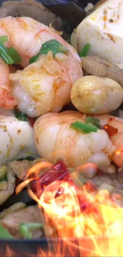 Spicy seafood dish with shrimp, tofu, and flames, perfect for culinary enthusiasts.