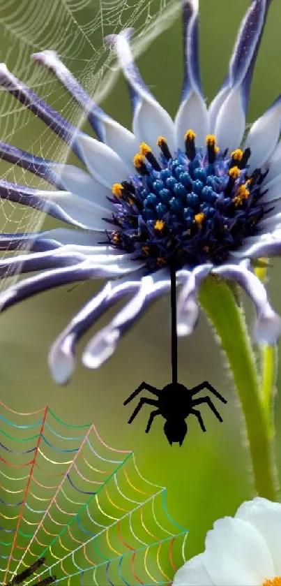 Artistic flower wallpaper with hanging spider and vibrant colors.