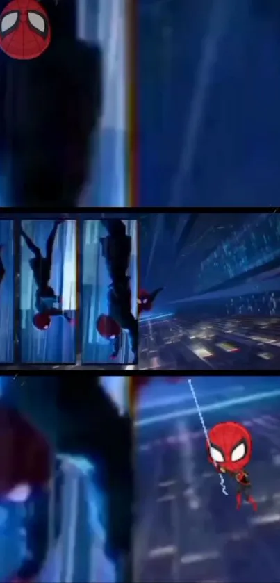 Spider-Man comic style wallpaper with action scenes in blue cityscape.