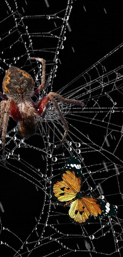 Spider and butterfly on intricate web design mobile wallpaper.