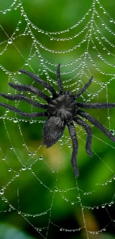 Spider on a dewy web set against a lush green background.