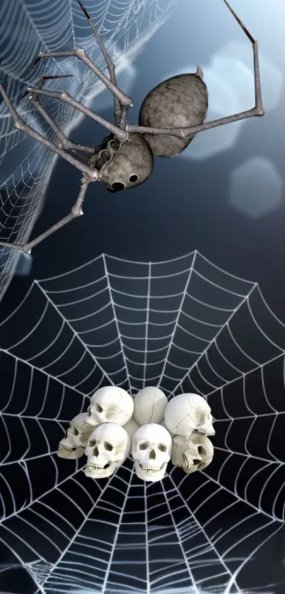 Spider with skulls on a web, dark theme wallpaper.