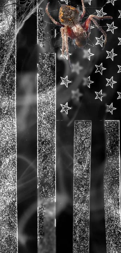 Noir wallpaper with spider and stars in black and white.