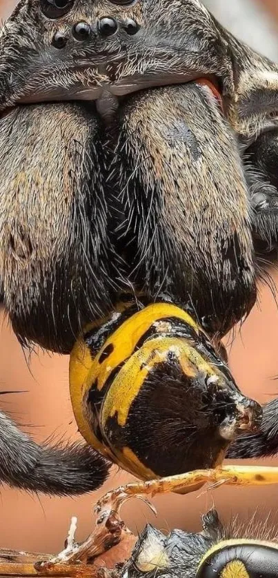 Close-up of a spider holding a wasp.