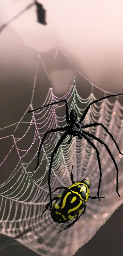 Elegant spider on intricate web with warm gray background.