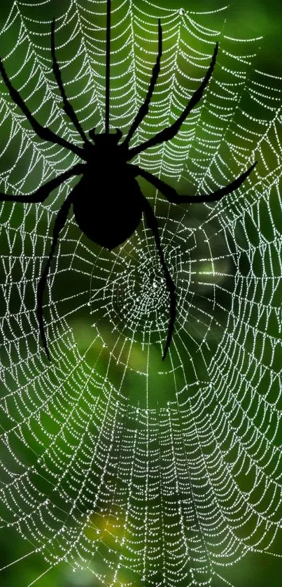 Black spider on a detailed web with a green background.