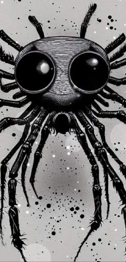 Minimalist artwork of a spider in black and white on a gray background.