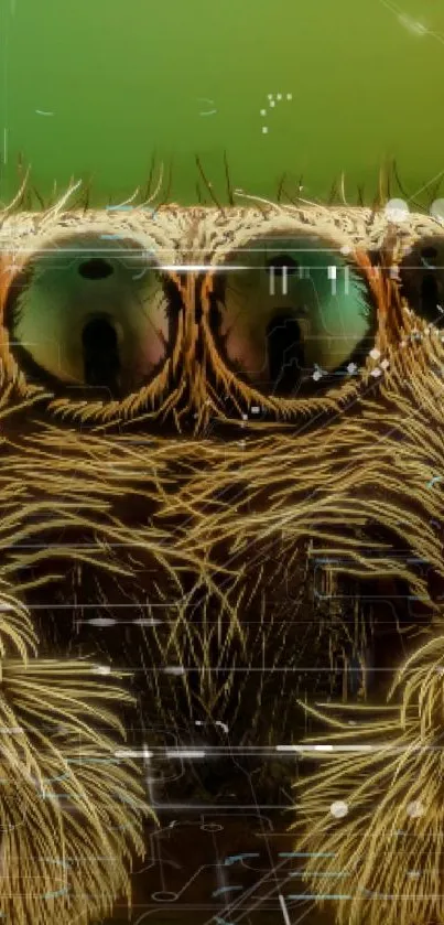 Macro close-up of spider’s eyes and hairs with digital effects.