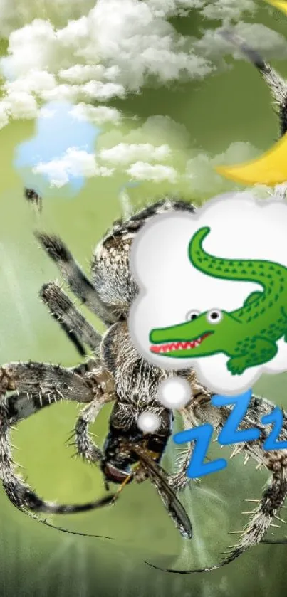 Spider dreaming with whimsical crocodile thought bubble.