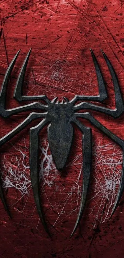 Spider emblem on dark red background with web details.