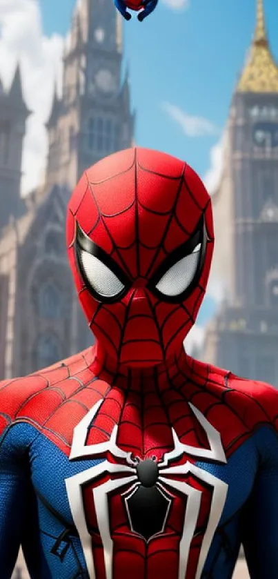 Spider-suited hero in cityscape, red and blue outfit.