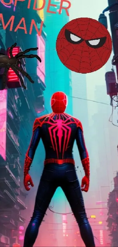 Spider Hero in a neon-lit cityscape, vibrant urban wallpaper.