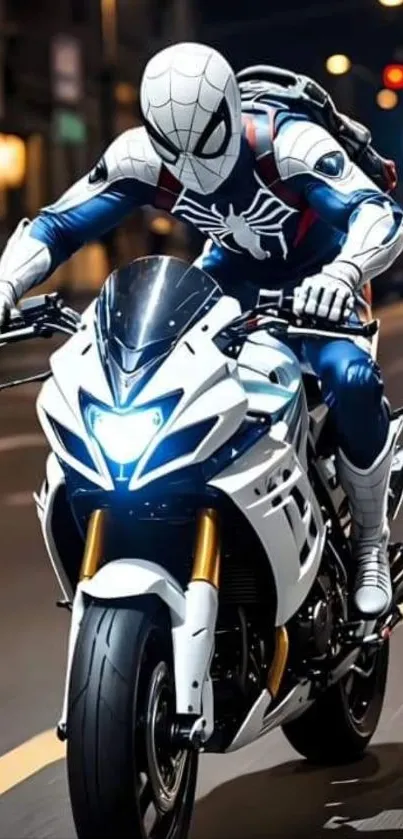 Superhero rides motorcycle at night.