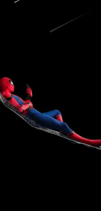 Spider superhero lounging on a web, mobile wallpaper.