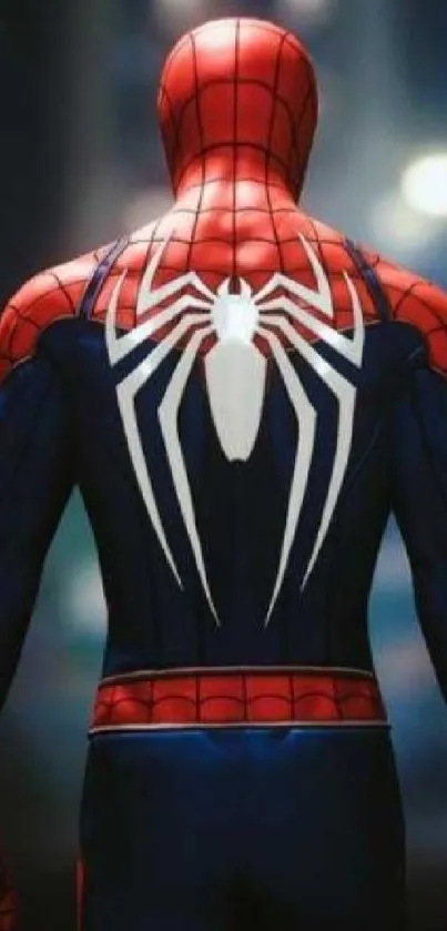 Spider Hero in red and blue suit, back view.