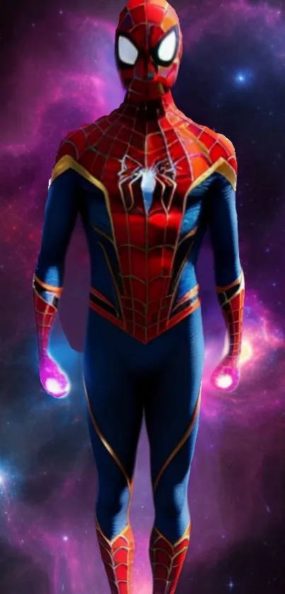 Spider hero stands against a vivid cosmic and galactic background.