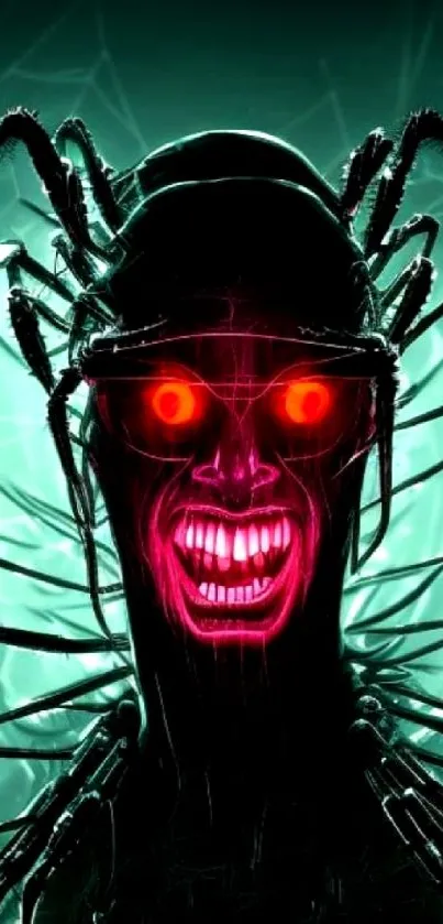 Sinister spider creature with glowing eyes in horror wallpaper.