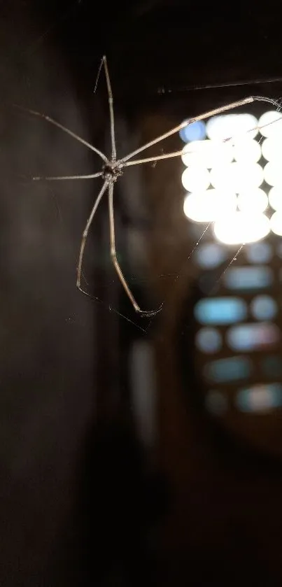 Close-up of spider in dim light with web and dark background.