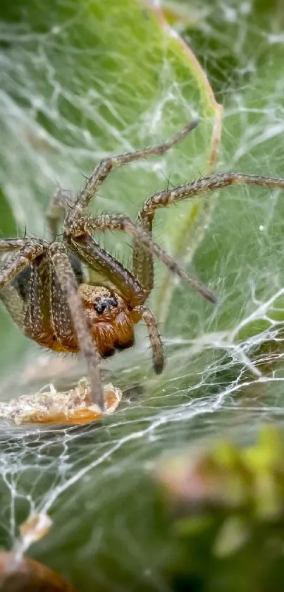 Close-up of spider on green leaf with web in phone wallpaper.