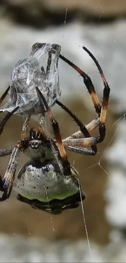 Close-up photo of a spider weaving its intricate web.